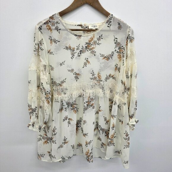 Umgee Womens Sheer Floral Peasant Blouse Top Lace Trim Size L Cream Boho Style - Picture 3 of 15